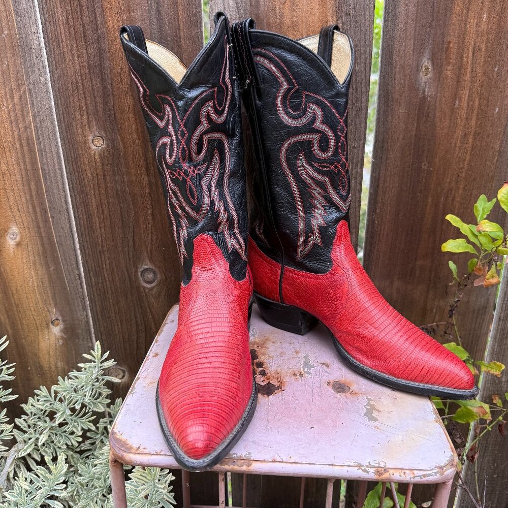 Vintage Tony Lama Black & Red Lizard Leather Western Boots 9D